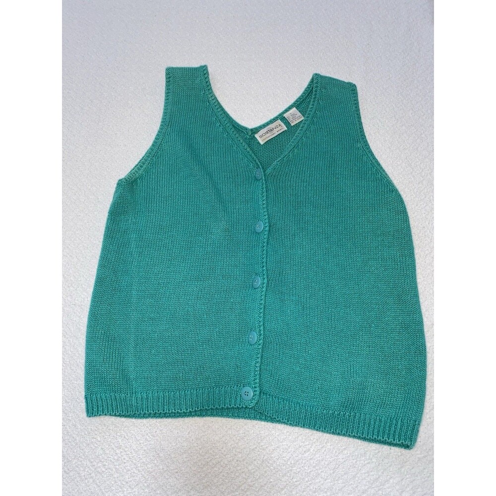 Sostanza Vintage V-Neck Knit Button-Up Vest - Teal/Seafoam Green - Size L